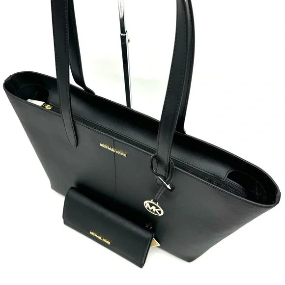 Michael Kors Medium Jet Set Travel Zip Tote Bag & Trifold Wallet Black/Gold